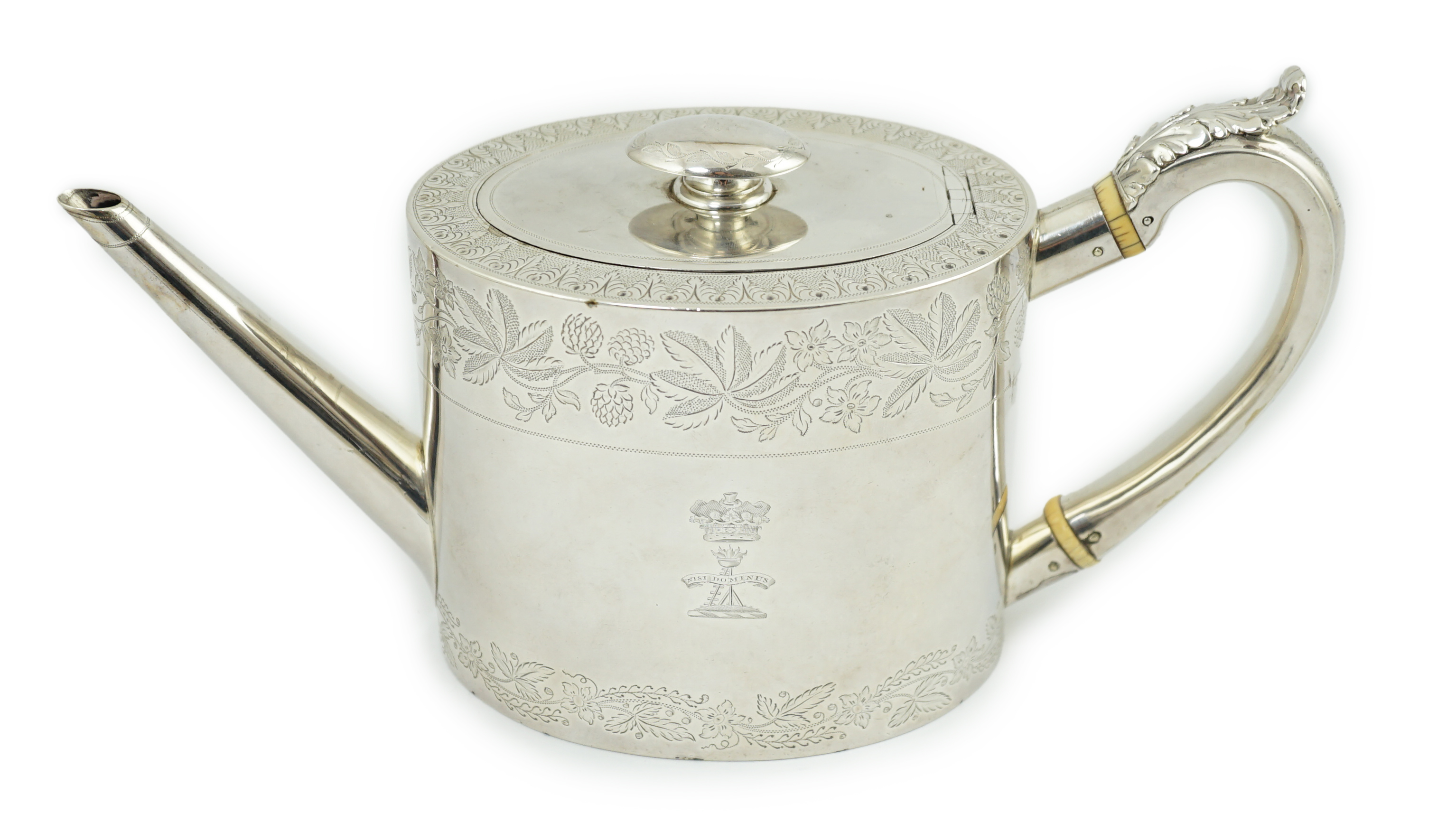 A George IV silver oval teapot by Eames & Barnard, engraved with Coat of Arms of the Duke of Bedford and Earl Compton